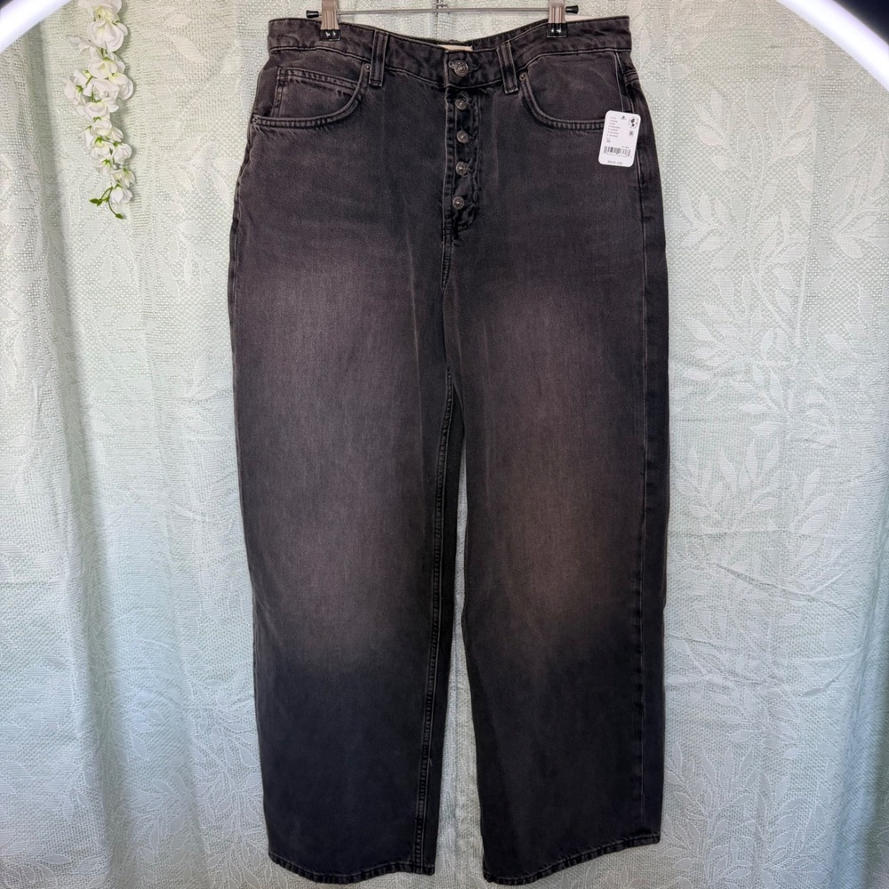 NWT $98 Free People Size 10/30 Nia Boyfriend Jeans Carbon Black Wide Leg‎ Boho